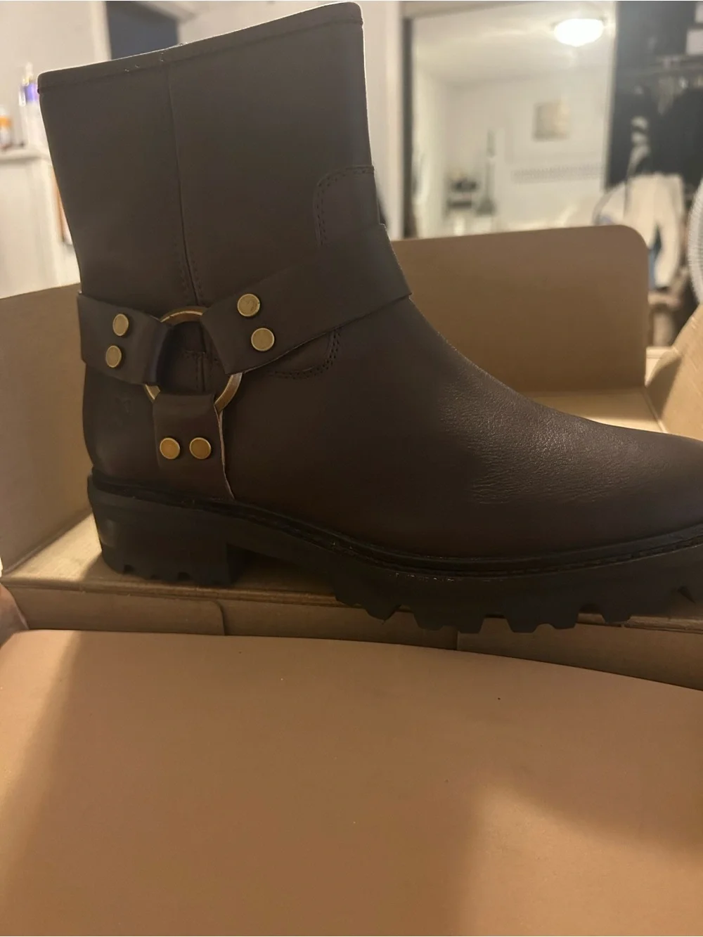 FRYE NWT Olivia Harness Short Boot - Dark Brown Women’s Leather Boot in box
